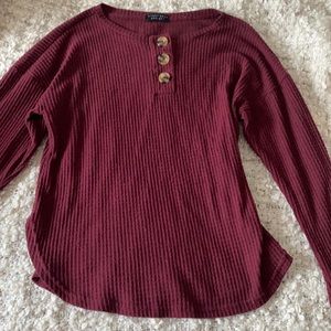 Burgundy waffle knit top with tortoise buttons